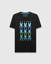 Mens Colt Graphic Tee, black classic fit jersey t-shirt with a large central gradient blue-green-purple PSYCHO BUNNY text and stacked bunny skull logo graphic. (1)