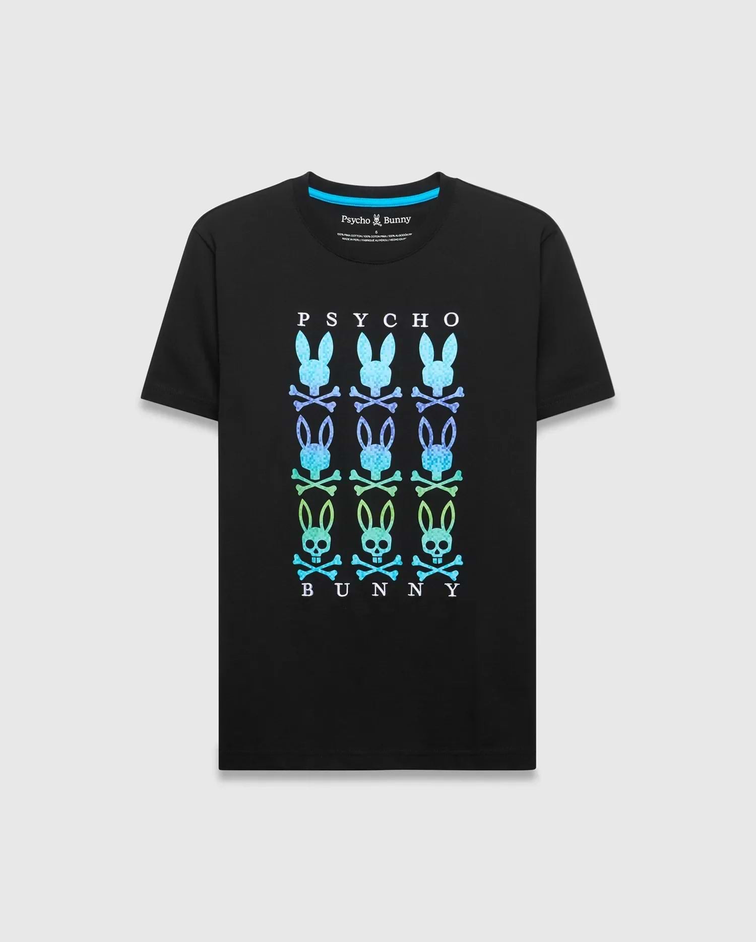 Mens Colt Graphic Tee, black classic fit jersey t-shirt with a large central gradient blue-green-purple PSYCHO BUNNY text and stacked bunny skull logo graphic. (1)
