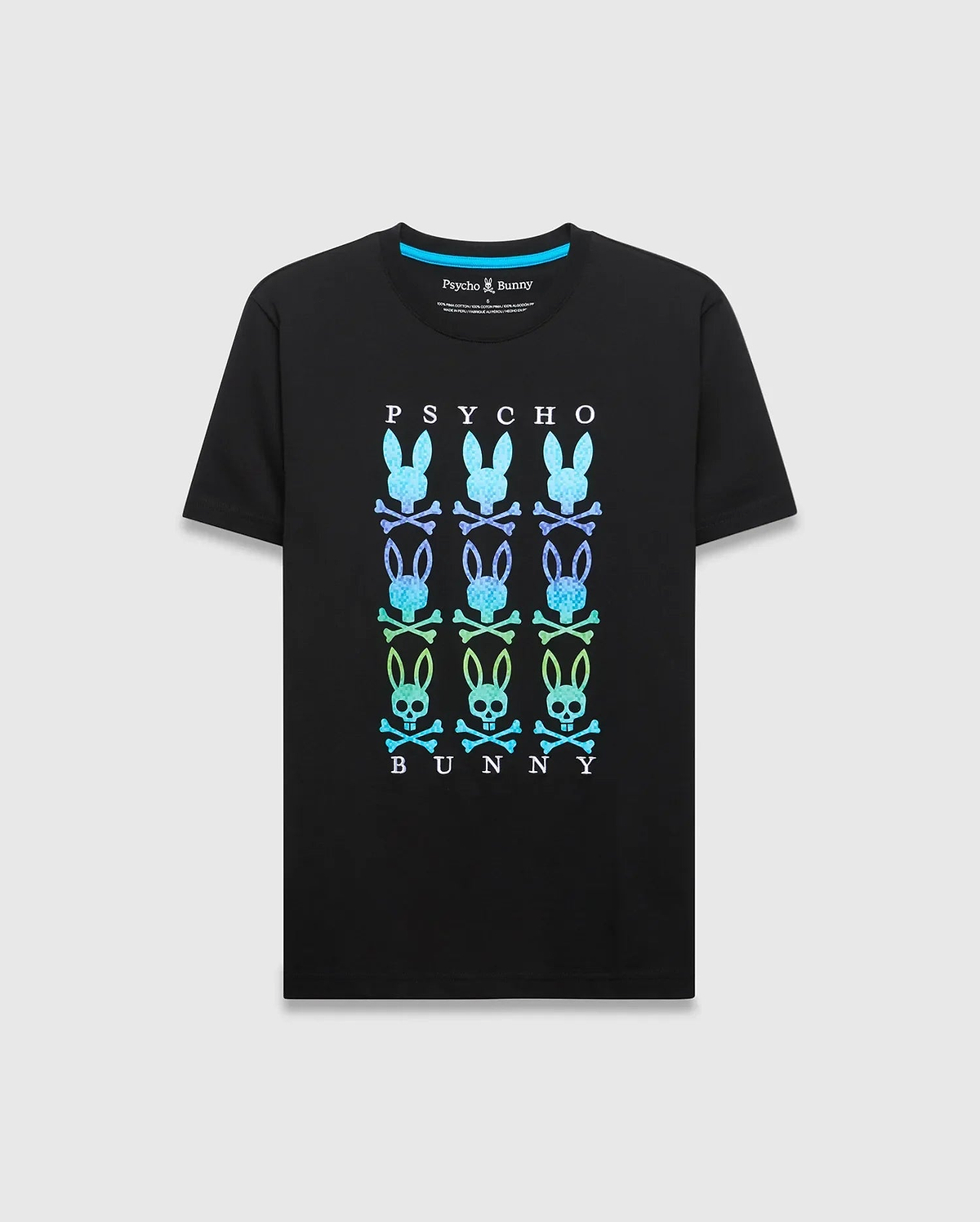 Mens Colt Graphic Tee, black classic fit jersey t-shirt with a large central gradient blue-green-purple PSYCHO BUNNY text and stacked bunny skull logo graphic. (1)