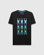 Mens Colt Graphic Tee, black classic fit jersey t-shirt with a large central gradient blue-green-purple PSYCHO BUNNY text and stacked bunny skull logo graphic. (1)