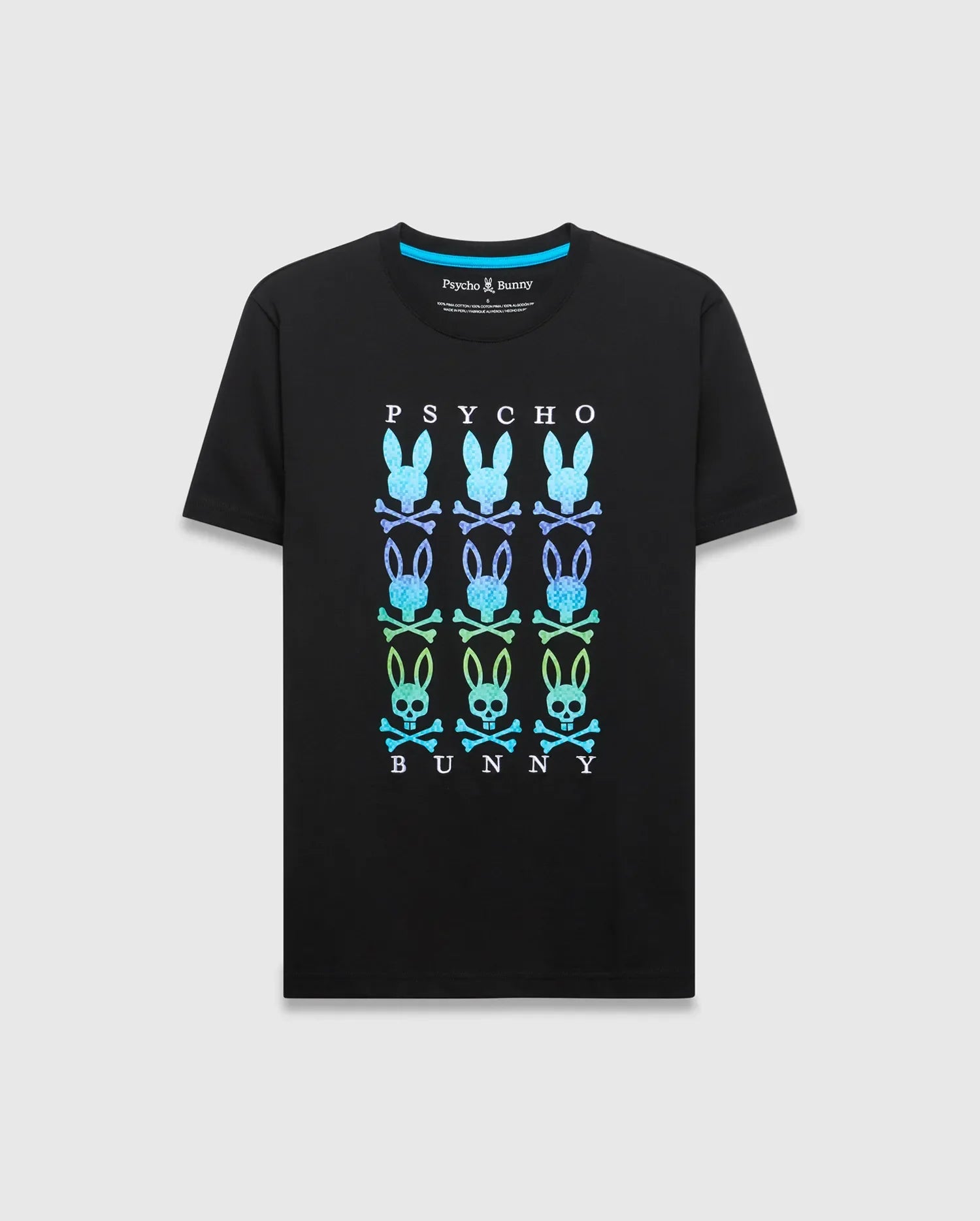 Mens Colt Graphic Tee, black classic fit jersey t-shirt with a large central gradient blue-green-purple PSYCHO BUNNY text and stacked bunny skull logo graphic. (1)