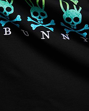 Black Mens Colt Graphic Tee with repeating gradient pixelated teal-to-green Psycho Bunny skull and crossbones graphic and embroidered white BUNNY text on soft jersey knit. (6)