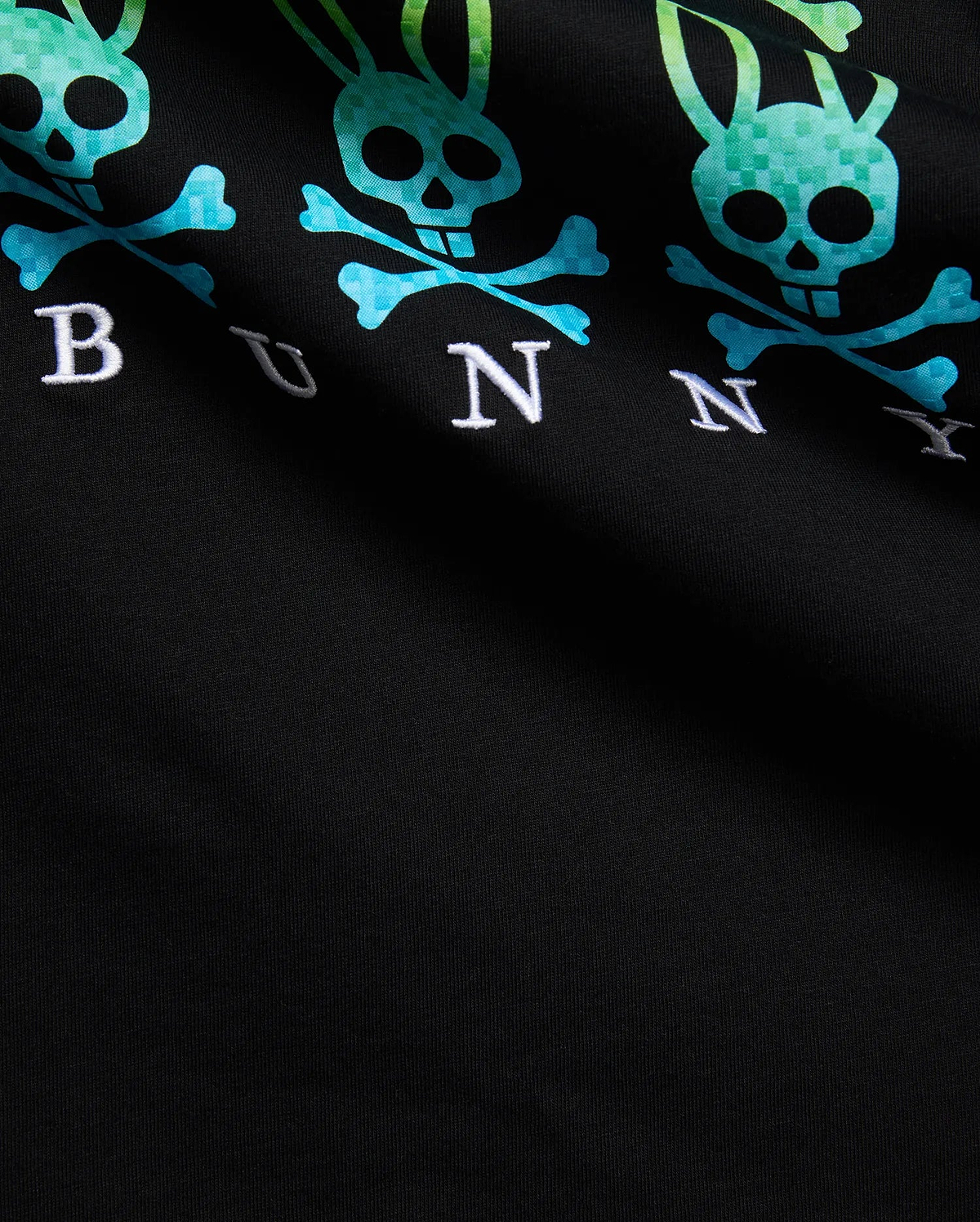 Black Mens Colt Graphic Tee with repeating gradient pixelated teal-to-green Psycho Bunny skull and crossbones graphic and embroidered white BUNNY text on soft jersey knit. (6)