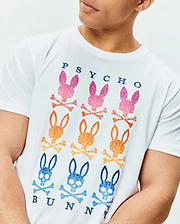 Mens Colt Graphic Tee, white jersey knit with a large chest graphic featuring nine gradient pink, orange, and blue Psycho Bunny skull logos, plus dark blue PSYCHO and BUNNY text. (3)