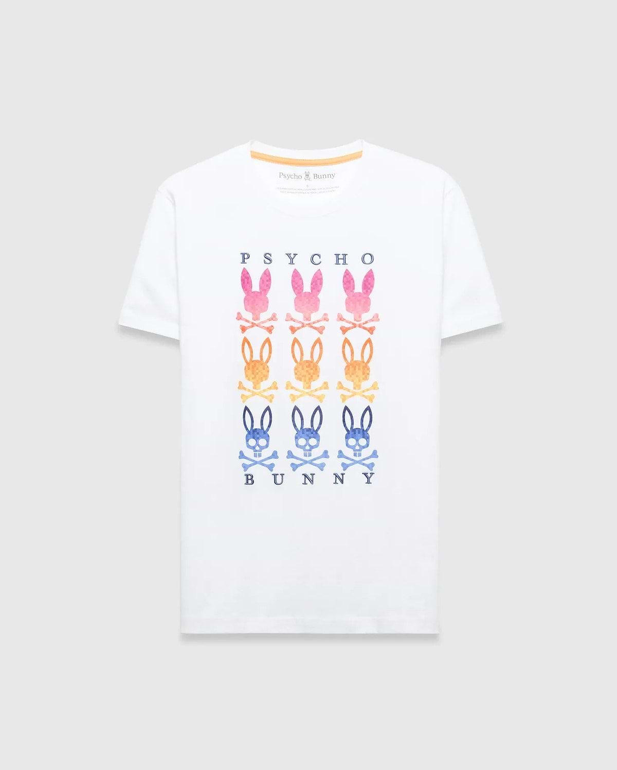 White Mens Colt Graphic Tee, classic fit, soft jersey knit, with a large chest graphic featuring gradient pink, orange, and blue Psycho Bunny skull logos and PSYCHO BUNNY text. (1)