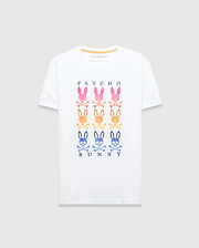 White Mens Colt Graphic Tee, classic fit, soft jersey knit, with a large chest graphic featuring gradient pink, orange, and blue Psycho Bunny skull logos and PSYCHO BUNNY text. (1)