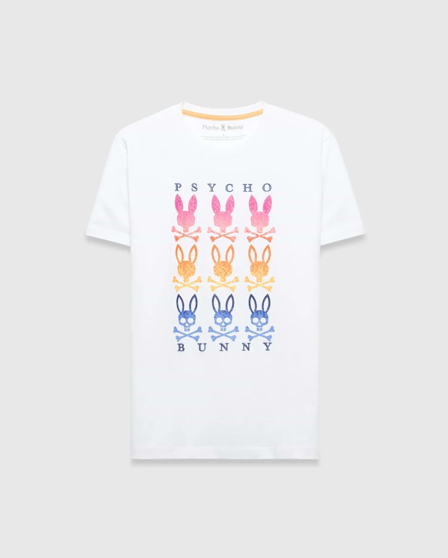 White Mens Colt Graphic Tee, classic fit, soft jersey knit, with a large chest graphic featuring gradient pink, orange, and blue Psycho Bunny skull logos and PSYCHO BUNNY text. (1)