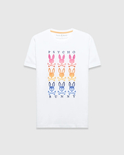 White Mens Colt Graphic Tee, classic fit, soft jersey knit, with a large chest graphic featuring gradient pink, orange, and blue Psycho Bunny skull logos and PSYCHO BUNNY text. (1)