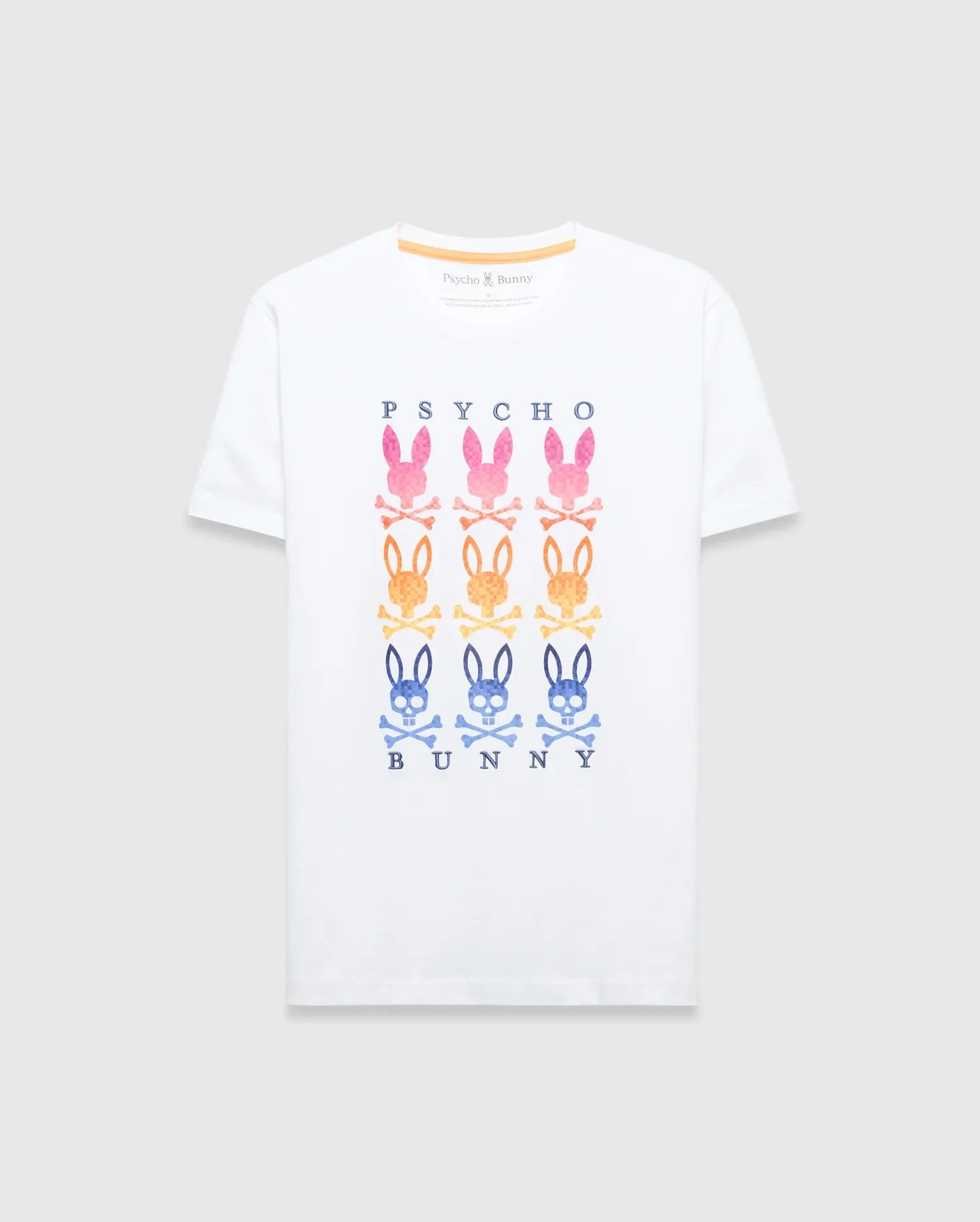 White Mens Colt Graphic Tee, classic fit, soft jersey knit, with a large chest graphic featuring gradient pink, orange, and blue Psycho Bunny skull logos and PSYCHO BUNNY text. (1)