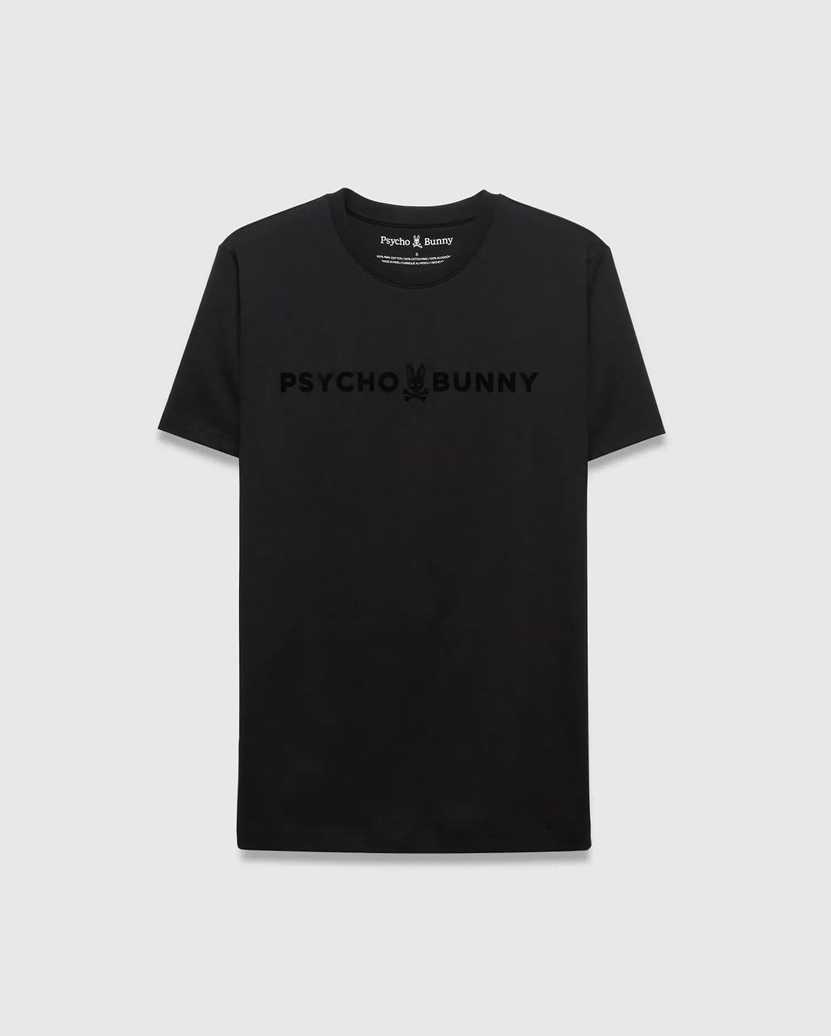 Mens Royce Graphic Tee, a black classic fit premium jersey t-shirt with a large, subtle tonal Psycho Bunny skull logo and text graphic prominently displayed across the chest. (1)