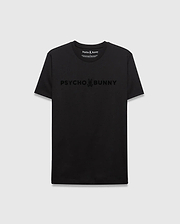 Mens Royce Graphic Tee, a black classic fit premium jersey t-shirt with a large, subtle tonal Psycho Bunny skull logo and text graphic prominently displayed across the chest. (1)