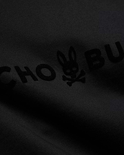 Mens Royce Graphic Tee, a black jersey knit t-shirt with a large, subtly raised, tonal black flocked Psycho Bunny skull logo and brand name graphic. (6)