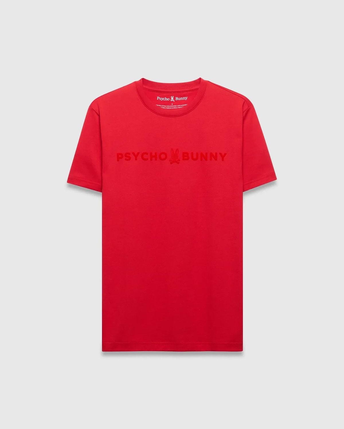 Mens Royce Graphic Tee, a classic fit red jersey t-shirt featuring a large, tone-on-tone embossed Psycho Bunny logo with skull on the chest.