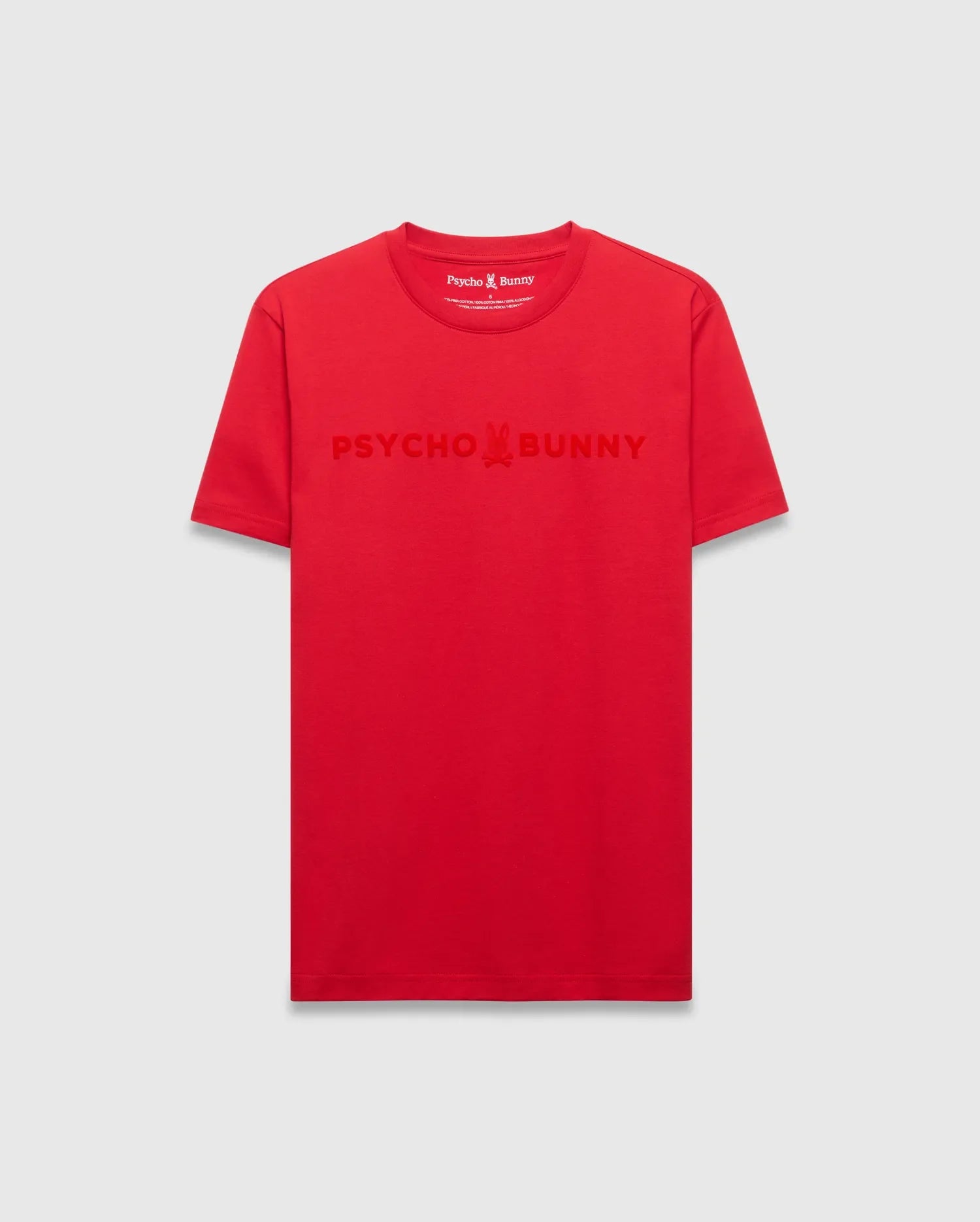 Mens Royce Graphic Tee, a classic fit red jersey t-shirt featuring a large, tone-on-tone embossed Psycho Bunny logo with skull on the chest.