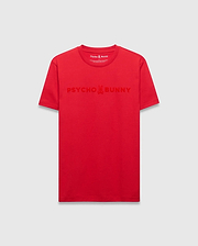 Mens Royce Graphic Tee, a classic fit red jersey t-shirt featuring a large, tone-on-tone embossed Psycho Bunny logo with skull on the chest.