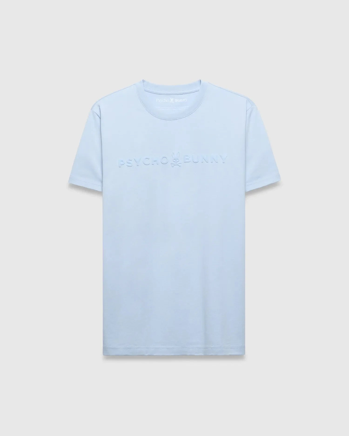 Mens Royce Graphic Tee, a light blue classic fit jersey t-shirt with a large, central tonal embossed Psycho Bunny graphic logo on the chest. (1)
