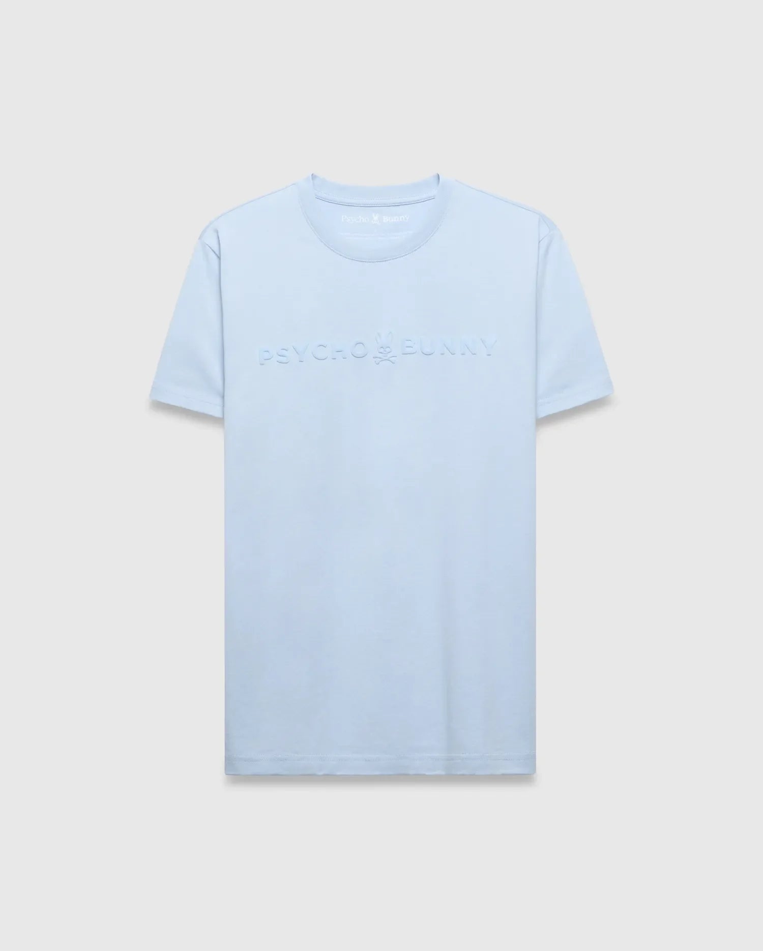 Mens Royce Graphic Tee, a light blue classic fit jersey t-shirt with a large, central tonal embossed Psycho Bunny graphic logo on the chest. (1)