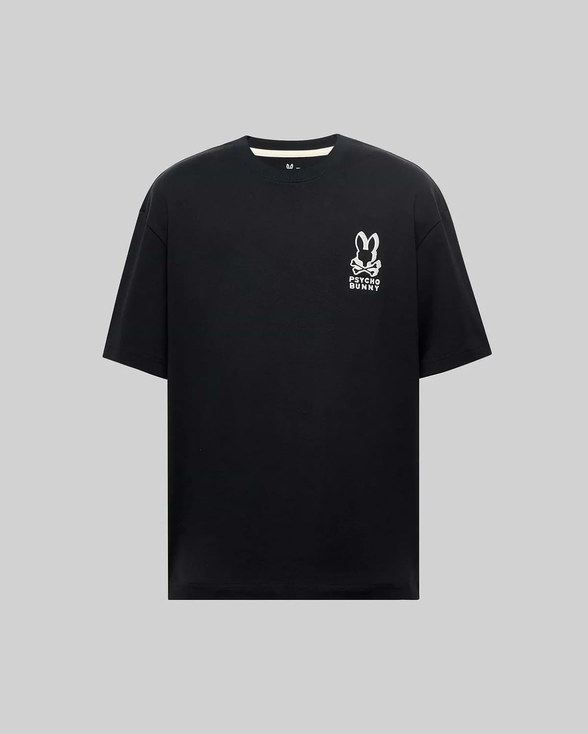 Mens Toby Oversized Tee in black, crafted from soft jersey knit, featuring a prominent white Psycho Bunny skull and crossbones logo with text on the left chest. (4)