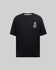 Mens Toby Oversized Tee in black, crafted from soft jersey knit, featuring a prominent white Psycho Bunny skull and crossbones logo with text on the left chest. (4)
