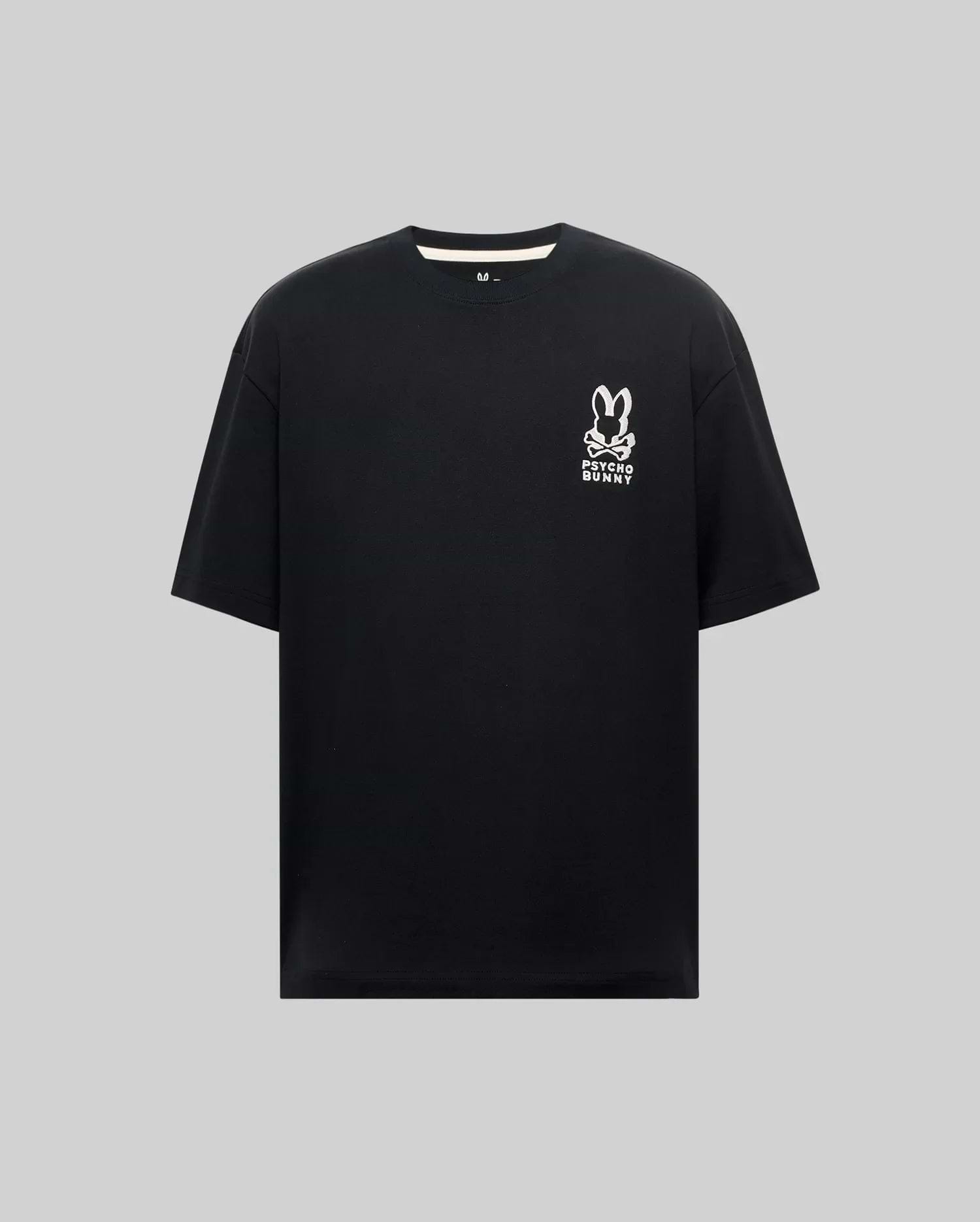 Mens Toby Oversized Tee in black, crafted from soft jersey knit, featuring a prominent white Psycho Bunny skull and crossbones logo with text on the left chest. (4)