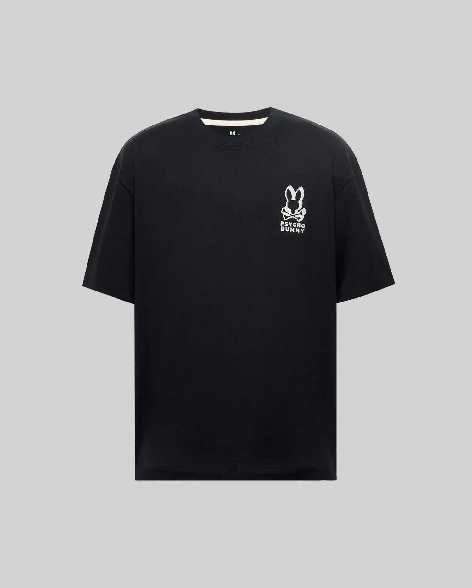 Mens Toby Oversized Tee in black, crafted from soft jersey knit, featuring a prominent white Psycho Bunny skull and crossbones logo with text on the left chest. (4)