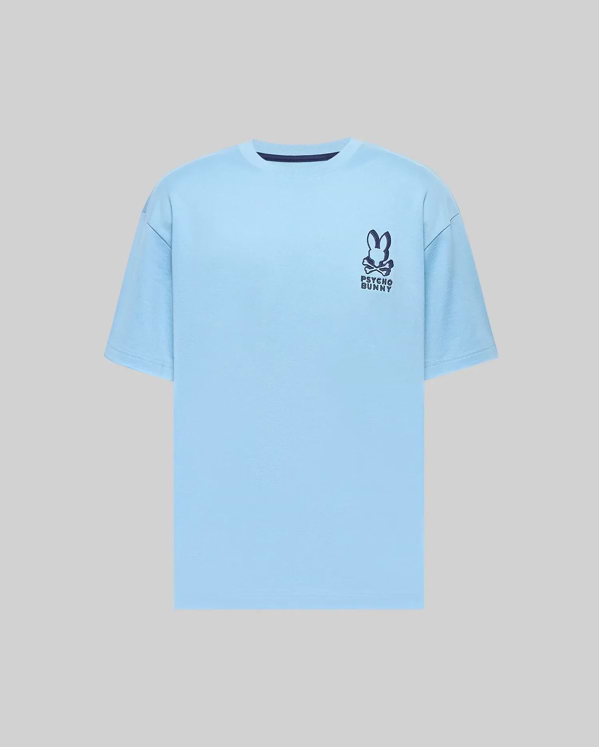 Mens Toby Oversized Tee in light blue jersey, featuring a relaxed fit and a dark blue Psycho Bunny skull logo with text on the left chest, plus a navy collar trim. (4)