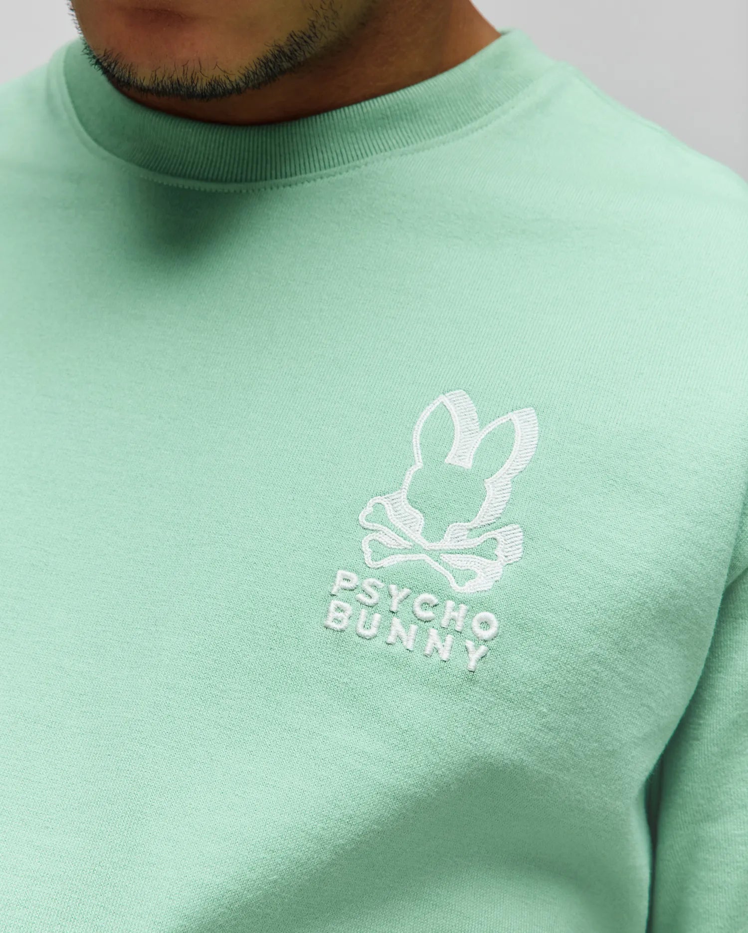 Mens Toby Oversized Tee in mint green jersey fabric, featuring an iconic white embroidered Psycho Bunny skull and crossbones logo with text on the left chest. (2)