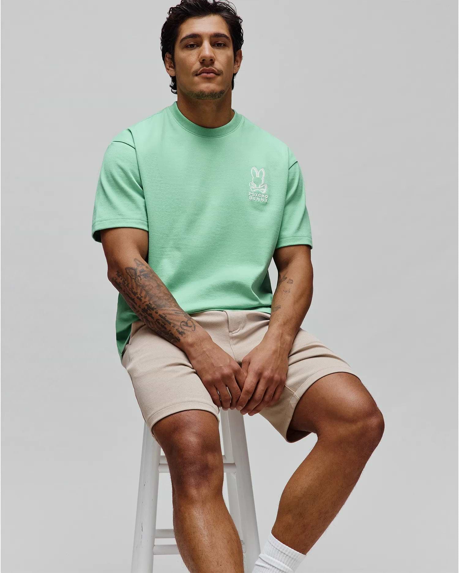 Mens Toby Oversized Tee in mint green, featuring a relaxed fit, smooth jersey fabric, dropped shoulders, and a small embroidered white Psycho Bunny skull logo on the left chest. (3)