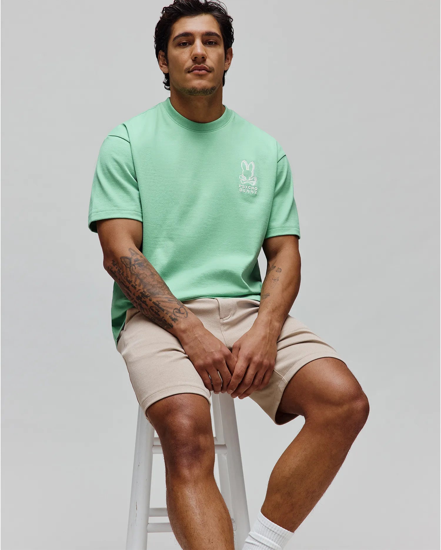 Mens Toby Oversized Tee in mint green, featuring a relaxed fit, smooth jersey fabric, dropped shoulders, and a small embroidered white Psycho Bunny skull logo on the left chest. (3)