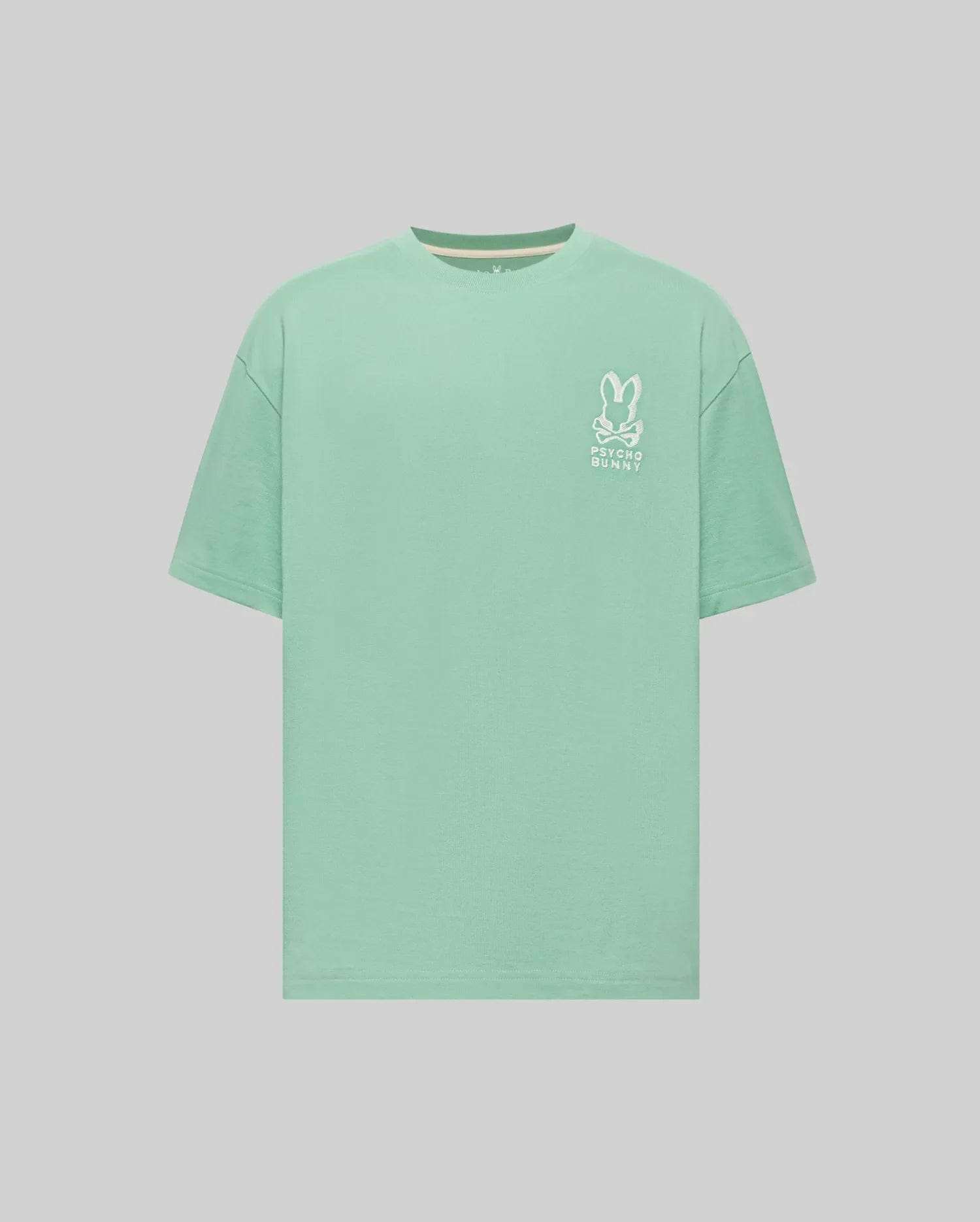 Mens Toby Oversized Tee in mint green, featuring a relaxed fit and smooth jersey fabric. A prominent white embroidered Psycho Bunny skull logo with text is on the left chest. (4)