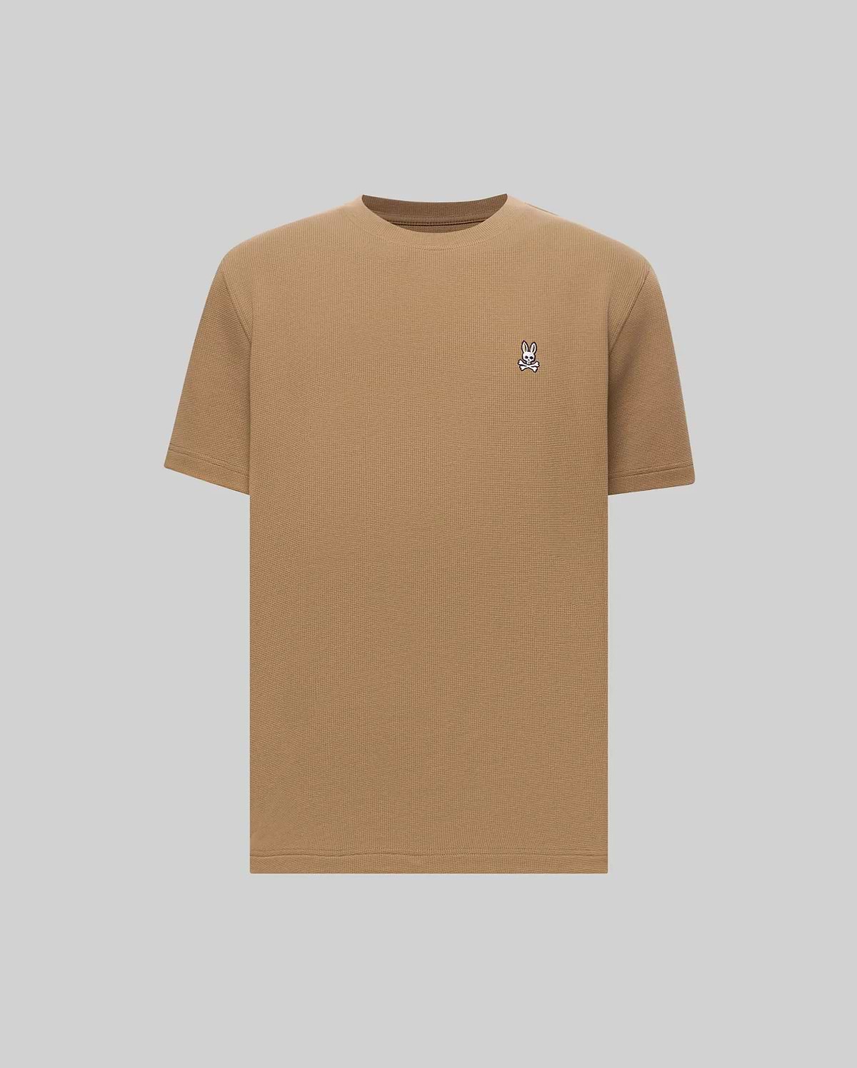 Camel Mens Maxton Waffle Tee with a classic fit, featuring a textured waffle knit fabric and a small, embroidered Psycho Bunny skull logo on the left chest.