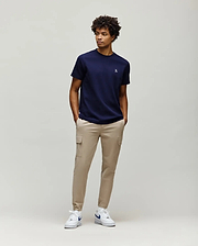 Navy blue Mens Maxton Waffle Tee with a classic fit, featuring a subtle waffle knit texture and a small white embroidered Psycho Bunny skull logo on the left chest. (4)