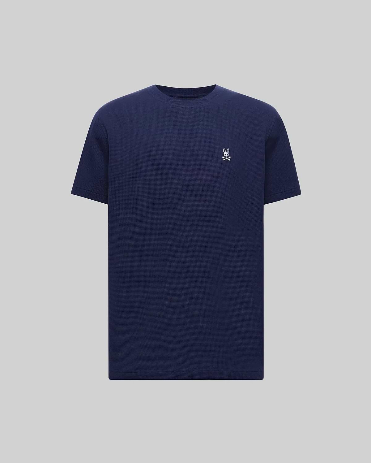 Mens Maxton Waffle Tee in navy, featuring a classic fit and textured waffle knit fabric. A small, embroidered white Psycho Bunny skull logo is on the left chest. (5)