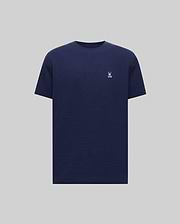 Mens Maxton Waffle Tee in navy, featuring a classic fit and textured waffle knit fabric. A small, embroidered white Psycho Bunny skull logo is on the left chest. (5)