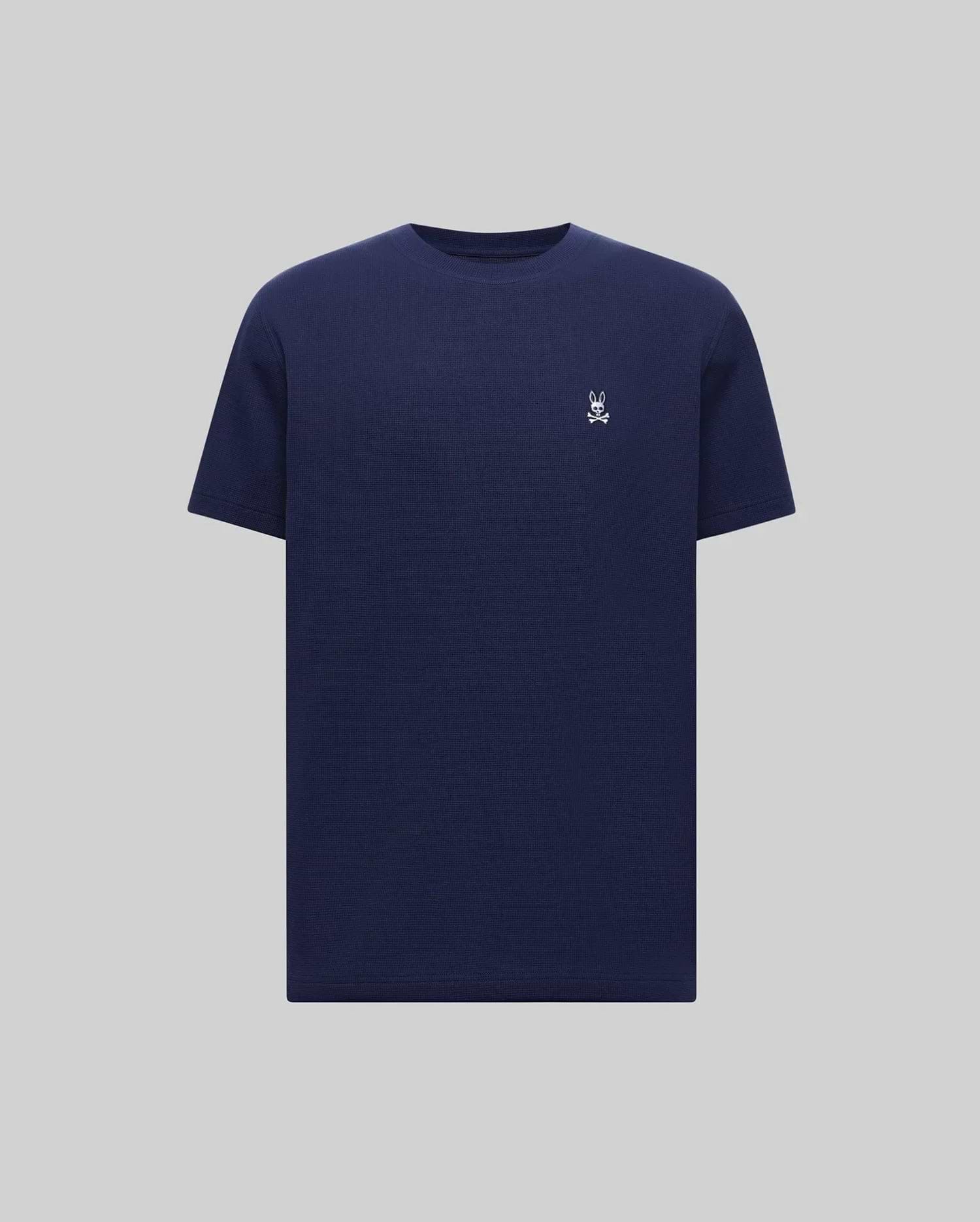 Mens Maxton Waffle Tee in navy, featuring a classic fit and textured waffle knit fabric. A small, embroidered white Psycho Bunny skull logo is on the left chest. (5)