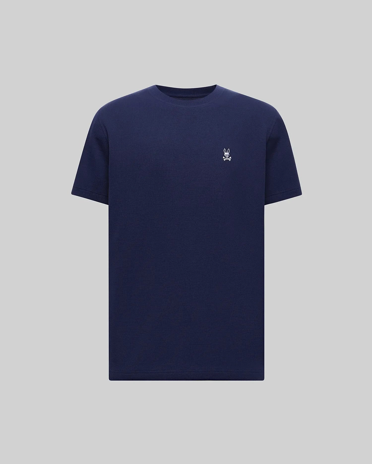 Mens Maxton Waffle Tee in navy, featuring a classic fit and textured waffle knit fabric. A small, embroidered white Psycho Bunny skull logo is on the left chest. (5)