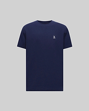 Mens Maxton Waffle Tee in navy, featuring a classic fit and textured waffle knit fabric. A small, embroidered white Psycho Bunny skull logo is on the left chest. (5)