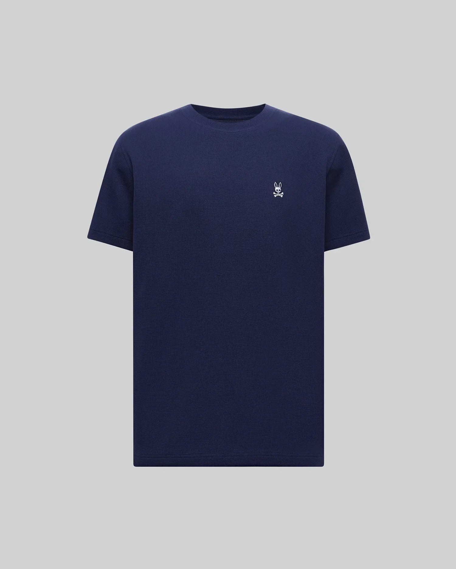 Mens Maxton Waffle Tee in navy, featuring a classic fit and textured waffle knit fabric. A small, embroidered white Psycho Bunny skull logo is on the left chest. (5)