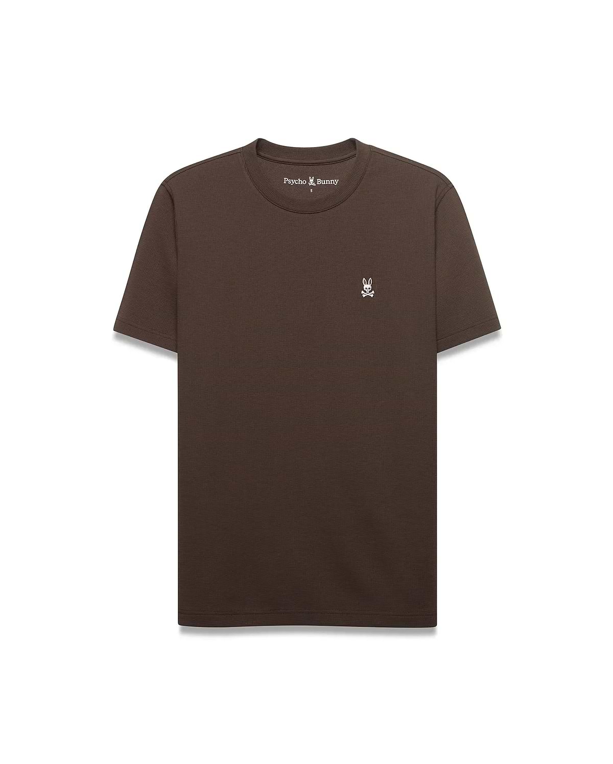 Men's Maxton Waffle Tee, a classic fit dark brown waffle knit t-shirt with a small embroidered white Psycho Bunny skull logo, featuring a pink eye, on the left chest. (4)