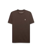 Men's Maxton Waffle Tee, a classic fit dark brown waffle knit t-shirt with a small embroidered white Psycho Bunny skull logo, featuring a pink eye, on the left chest. (4)