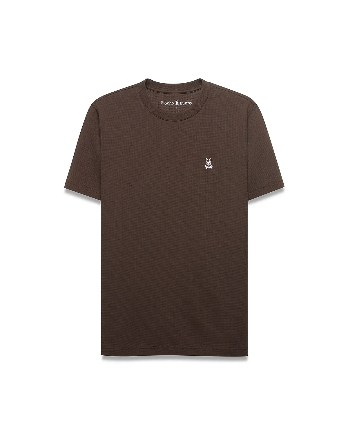 Men's Maxton Waffle Tee, a classic fit dark brown waffle knit t-shirt with a small embroidered white Psycho Bunny skull logo, featuring a pink eye, on the left chest. (4)