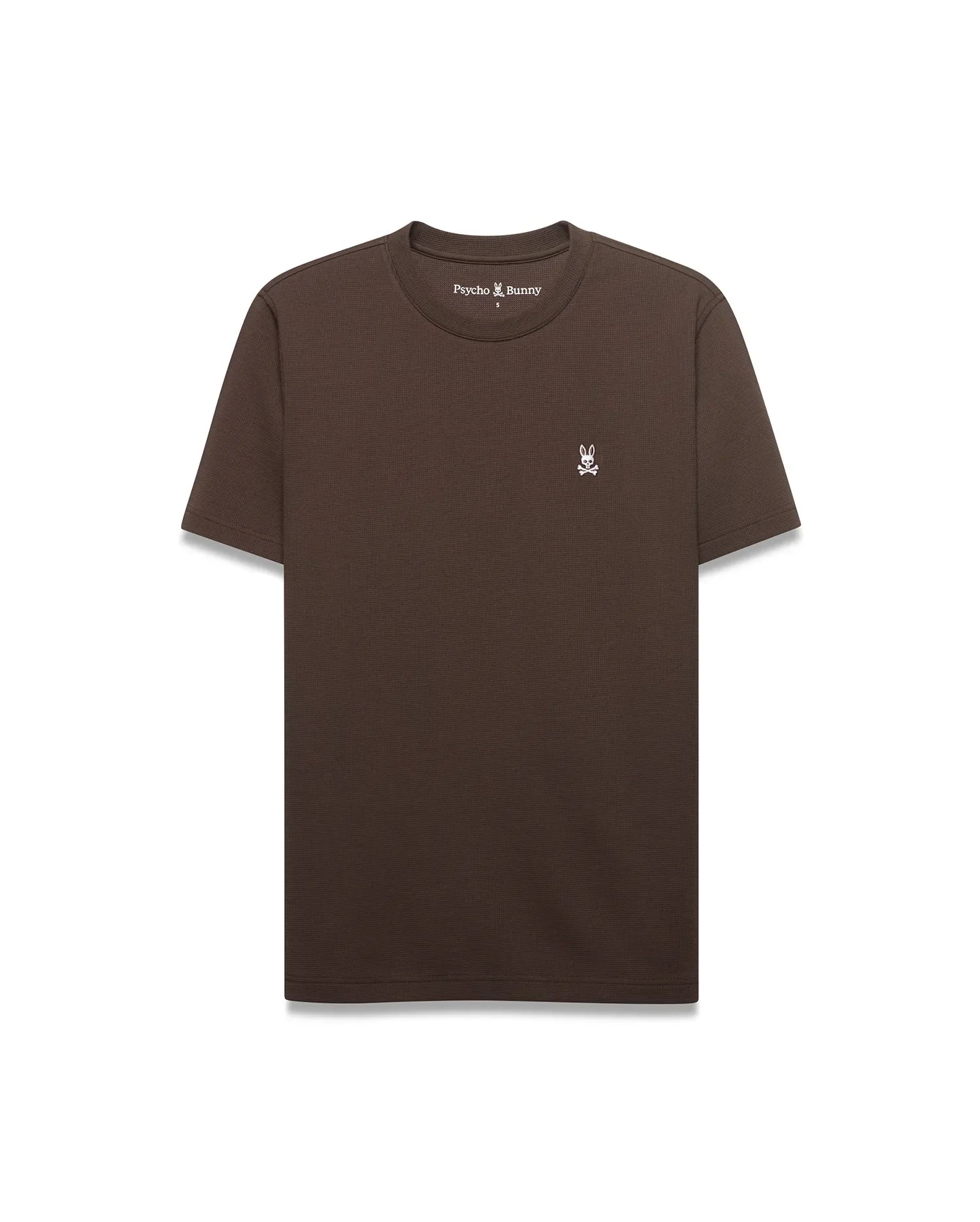 Men's Maxton Waffle Tee, a classic fit dark brown waffle knit t-shirt with a small embroidered white Psycho Bunny skull logo, featuring a pink eye, on the left chest. (4)