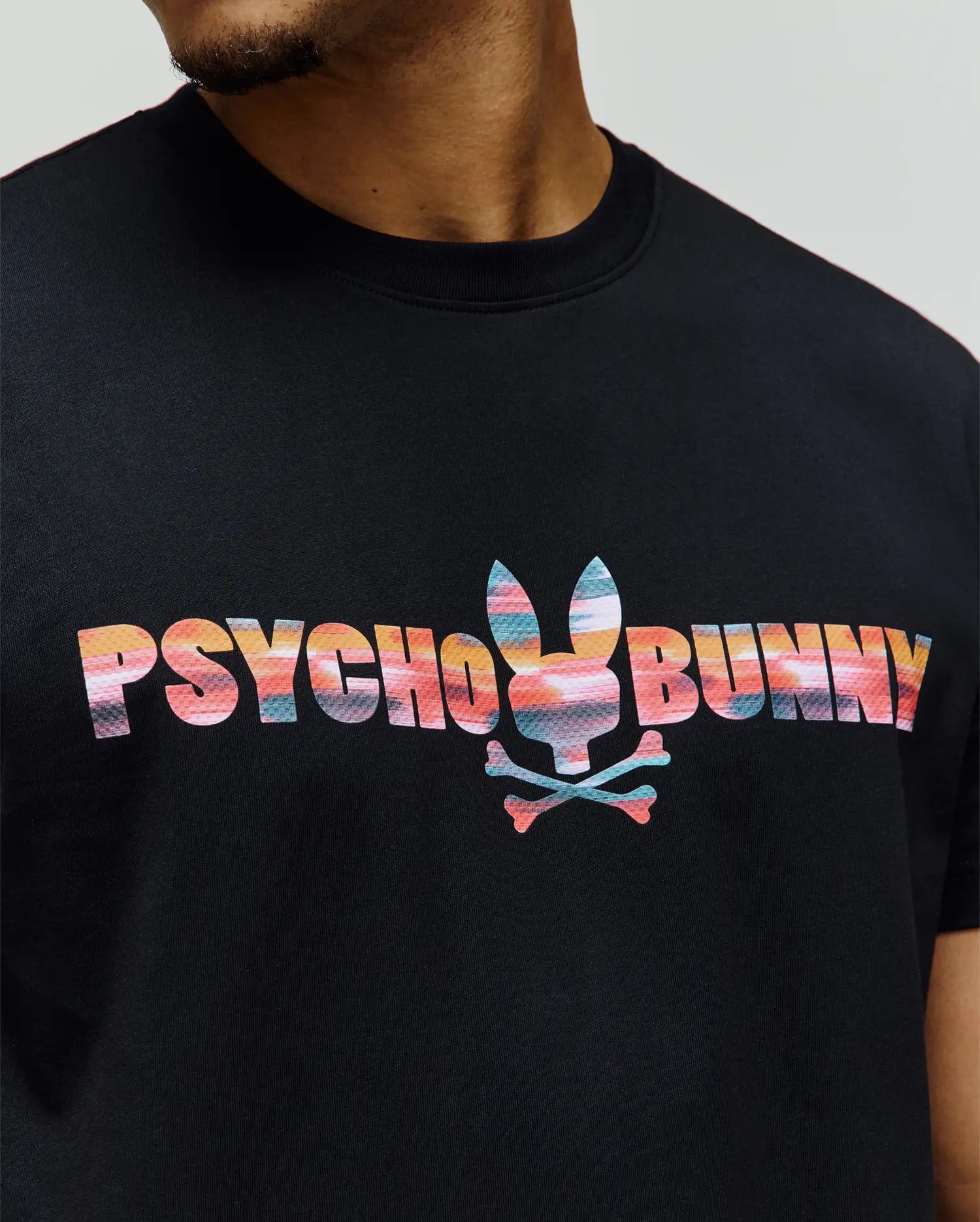 Mens Raphael Wordmark Tee, a black classic fit jersey knit tee with a large central chest graphic featuring the Psycho Bunny wordmark and iconic bunny skull logo in a vibrant, multi-colored horizontal stripe pattern. (2)