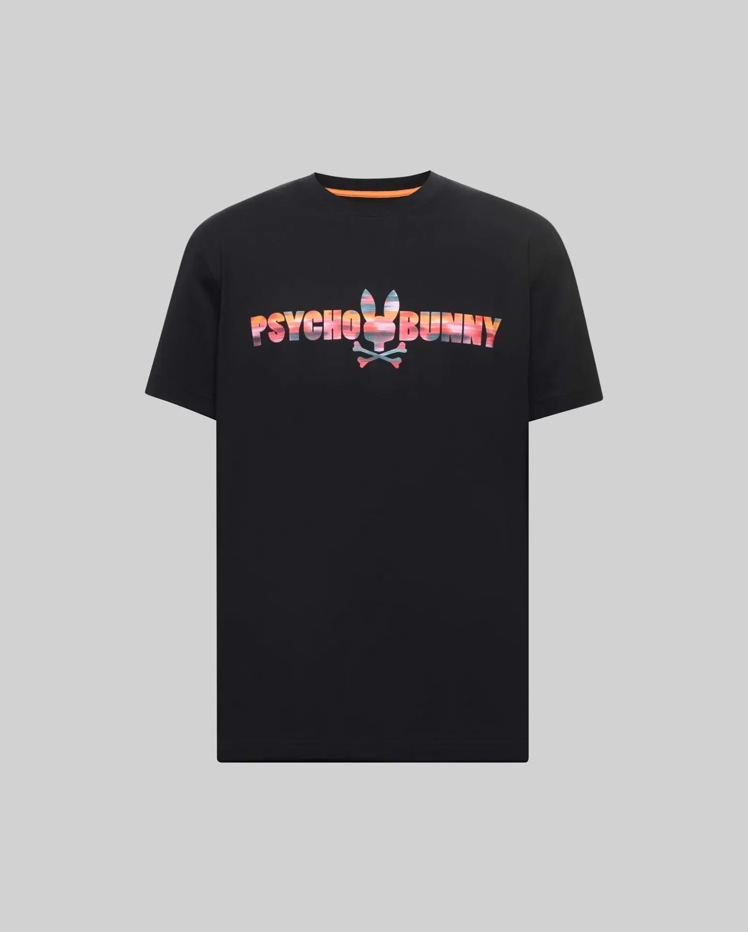 Black Mens Raphael Wordmark Tee, classic fit, soft jersey, featuring a large chest graphic of the PSYCHO BUNNY wordmark with a vibrant, multicolored striped pattern and bunny skull logo. (4)