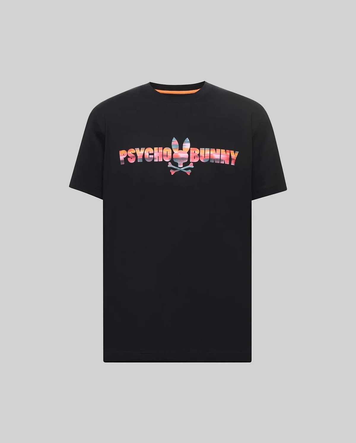 Black Mens Raphael Wordmark Tee, classic fit, soft jersey, featuring a large chest graphic of the PSYCHO BUNNY wordmark with a vibrant, multicolored striped pattern and bunny skull logo. (4)