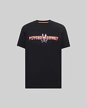 Black Mens Raphael Wordmark Tee, classic fit, soft jersey, featuring a large chest graphic of the PSYCHO BUNNY wordmark with a vibrant, multicolored striped pattern and bunny skull logo. (4)