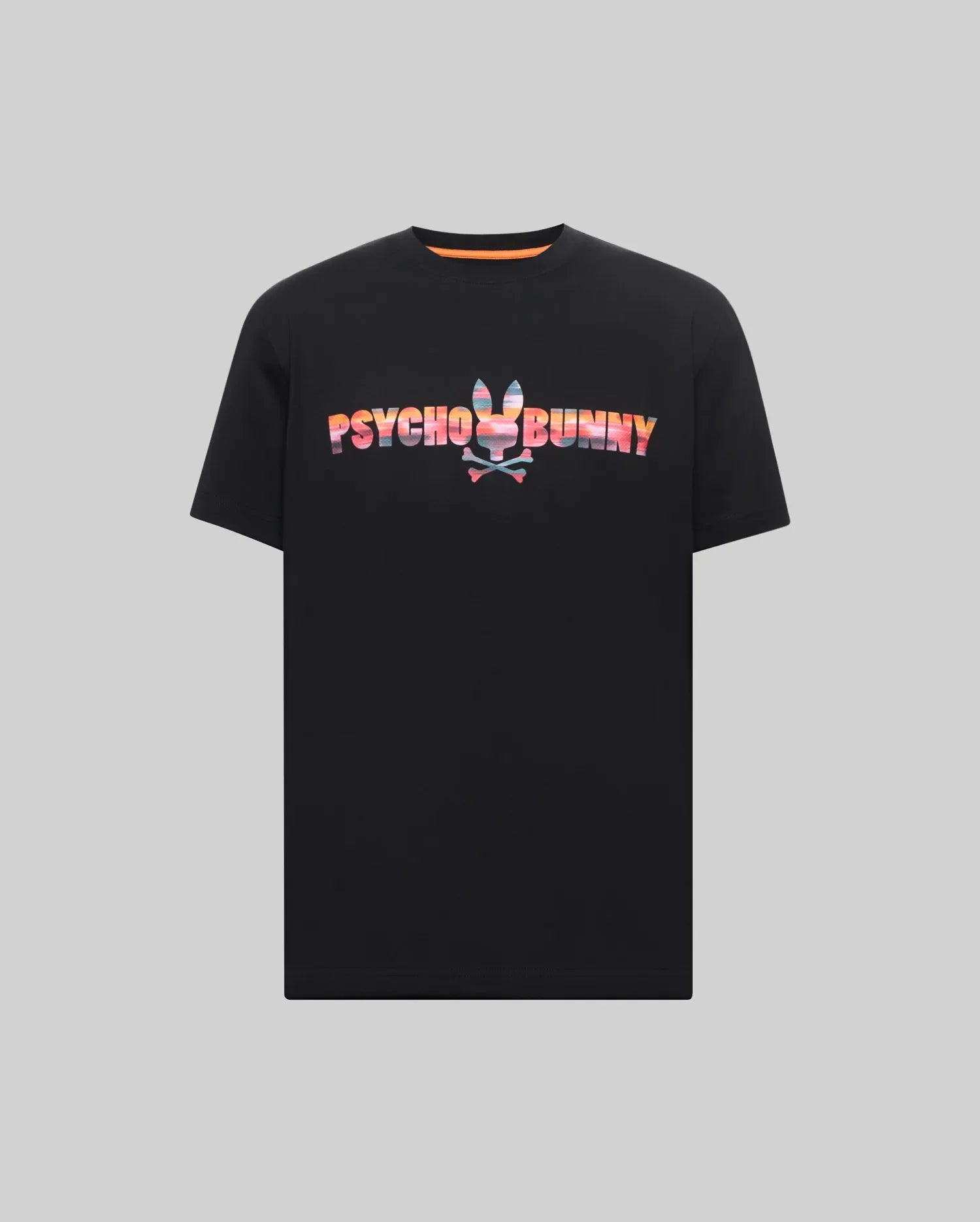 Black Mens Raphael Wordmark Tee, classic fit, soft jersey, featuring a large chest graphic of the PSYCHO BUNNY wordmark with a vibrant, multicolored striped pattern and bunny skull logo. (4)