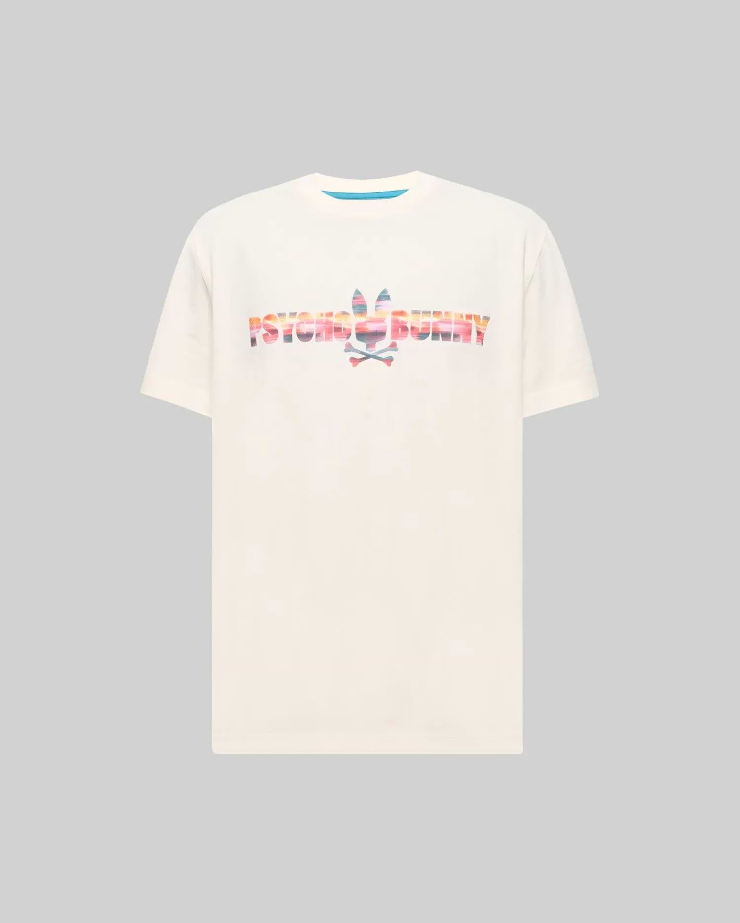 Mens Raphael Wordmark Tee, a cream classic fit jersey t-shirt featuring a large central graphic print of the Psycho Bunny wordmark and iconic bunny skull logo in a vibrant sunset gradient pattern. (5)