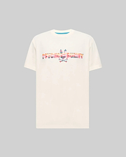 Mens Raphael Wordmark Tee, a cream classic fit jersey t-shirt featuring a large central graphic print of the Psycho Bunny wordmark and iconic bunny skull logo in a vibrant sunset gradient pattern. (5)