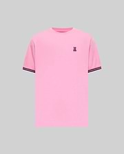 Mens Clark Performance Tee in vibrant pink soft jersey knit, classic fit, featuring a small, embroidered purple Psycho Bunny skull logo on the left chest and ribbed sleeve cuffs with dark blue stripes. (4)